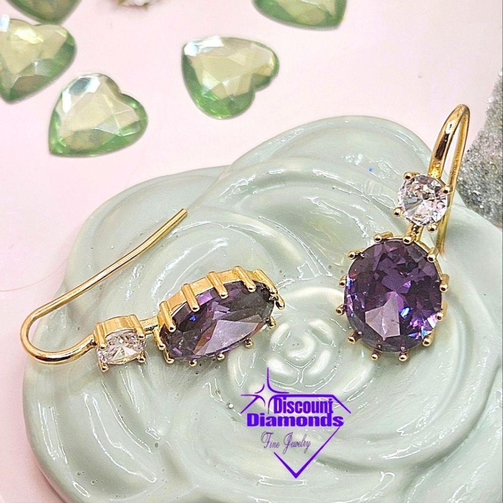 Oval Amethyst (Purple) Earrings 14K Bright Yellow Gold on 925 Silver - Picture 7 of 10